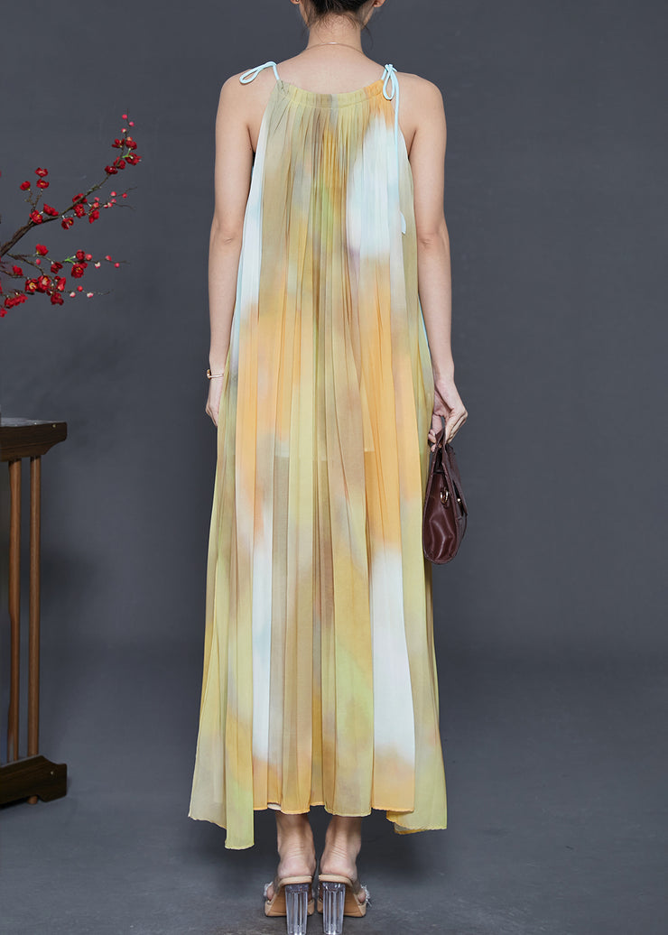 Women Yellow Cold Shoulder Tie Dye Chiffon Beach Dress Summer