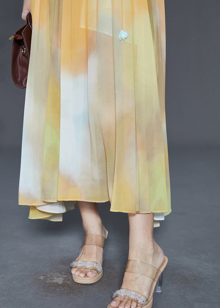 Women Yellow Cold Shoulder Tie Dye Chiffon Beach Dress Summer