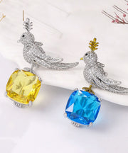 Women Yellow Copper Zircon Inlaid Gem Stone Little Bird Brooches