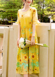 Women Yellow Daisy Embroideried Tie Waist Silk Vacation Dresses Flare Sleeve