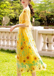 Women Yellow Daisy Embroideried Tie Waist Silk Vacation Dresses Flare Sleeve