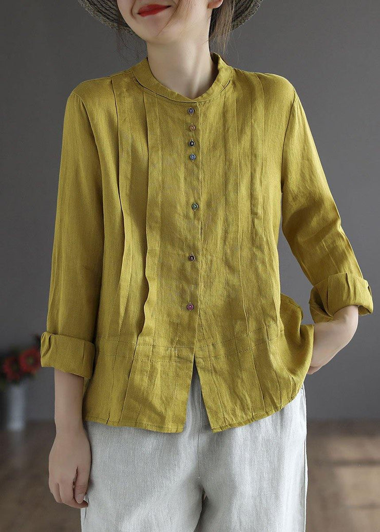 Women Yellow Elegant Button Fall Top Long Sleeve Linen - SooLinen