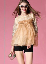 Women Yellow Embroidered Patchwork Tulle Shirt Top Spring