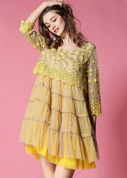 Women Yellow Embroideried Lace Patchwork Tulle Dress Bracelet Sleeve