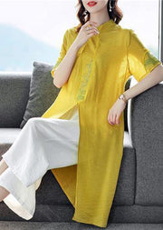 Women Yellow Embroideried Side Open Linen Two Piece Set Spring