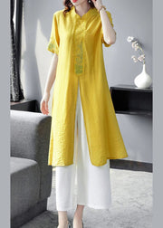 Women Yellow Embroideried Side Open Linen Two Piece Set Spring