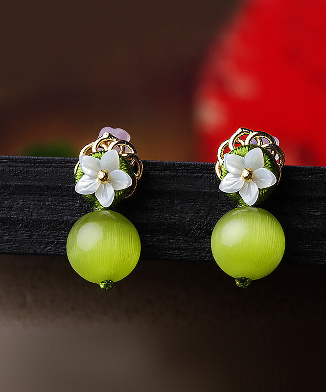 Women Yellow Green Shell Flower Cymophanite Drop Earrings