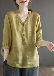 Women Yellow Green V Neck Button Solid Color Linen Shirts Bracelet Sleeve