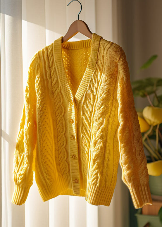 Women Yellow Hollow Out Button Solid Knit Cardigans Fall