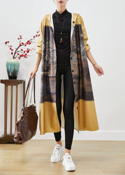 Women Yellow Hooded Print Cotton Trench Coats Fall