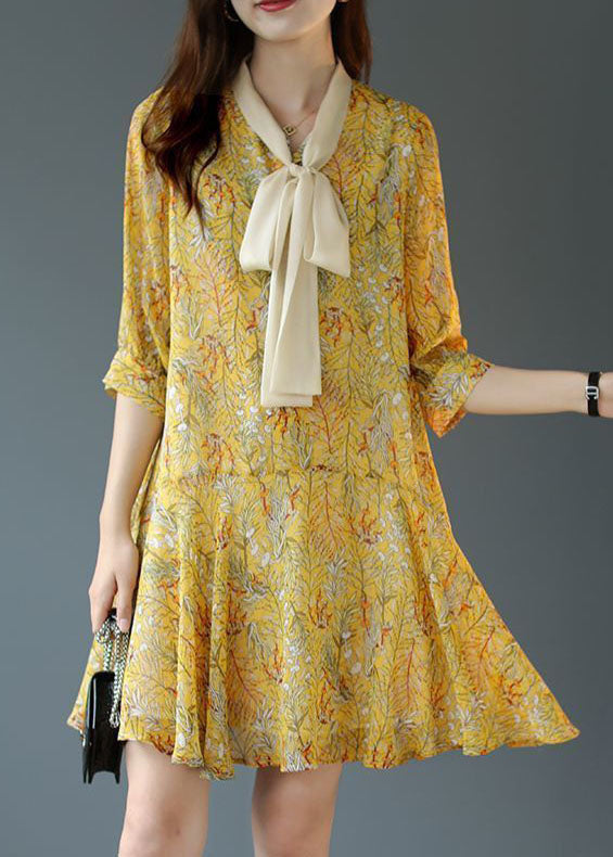 Women Yellow Lace Up Patchwork Print Chiffon Party Dress Summer