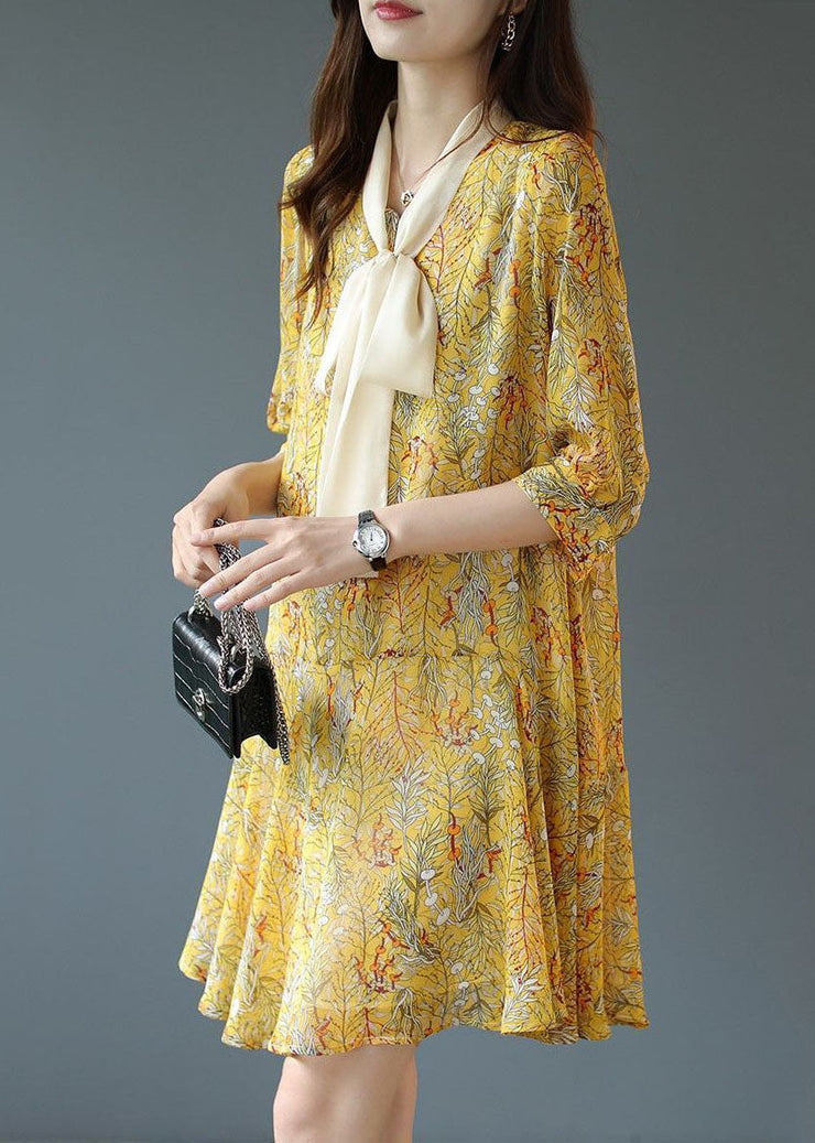 Women Yellow Lace Up Patchwork Print Chiffon Party Dress Summer