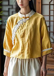 Women Yellow Mandarin Collar Linen Shirt Top Summer