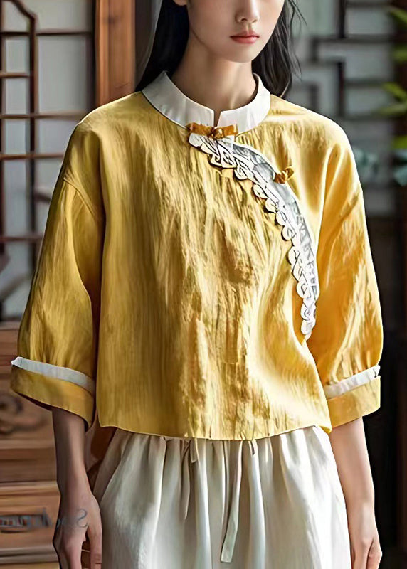 Women Yellow Mandarin Collar Linen Shirt Top Summer