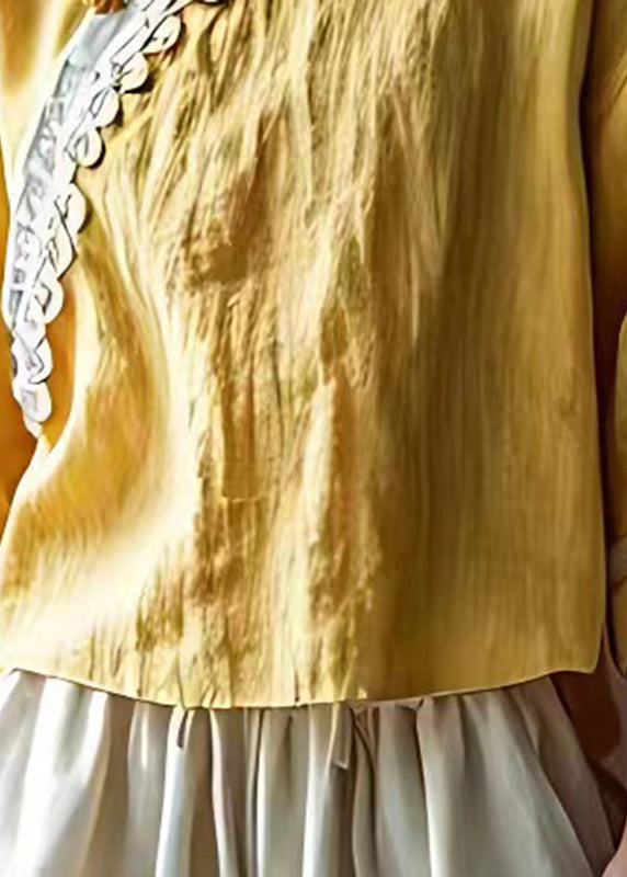 Women Yellow Mandarin Collar Linen Shirt Top Summer