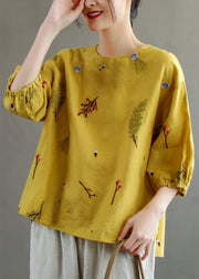 Women Yellow O-Neck Embroideried Patchwork Linen T Shirts Summer