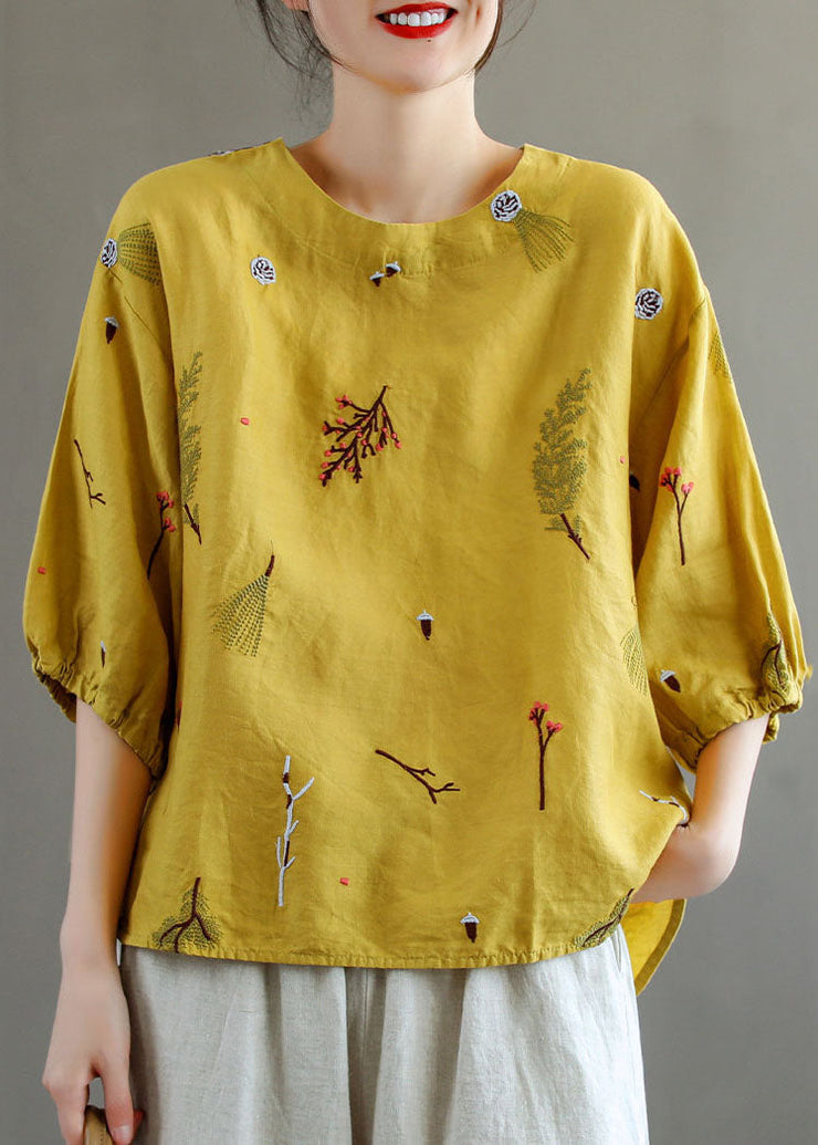 Women Yellow O-Neck Embroideried Patchwork Linen T Shirts Summer