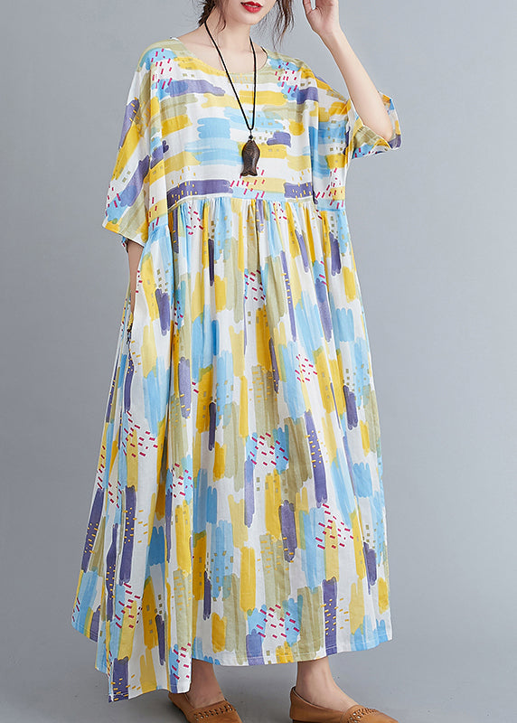 Women Yellow O-Neck Print Long Dress Spring