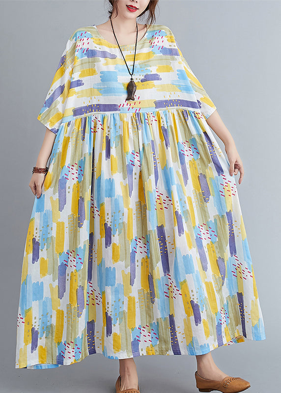 Women Yellow O-Neck Print Long Dress Spring