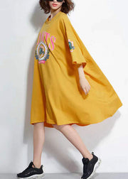 Women Yellow O Neck Print Patchwork Cotton Mid Dress Summer