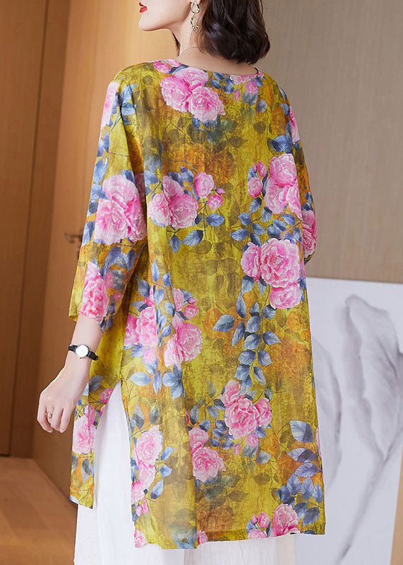 Women Yellow O Neck Print Side Open Patchwork Linen Shirt Tops Summer