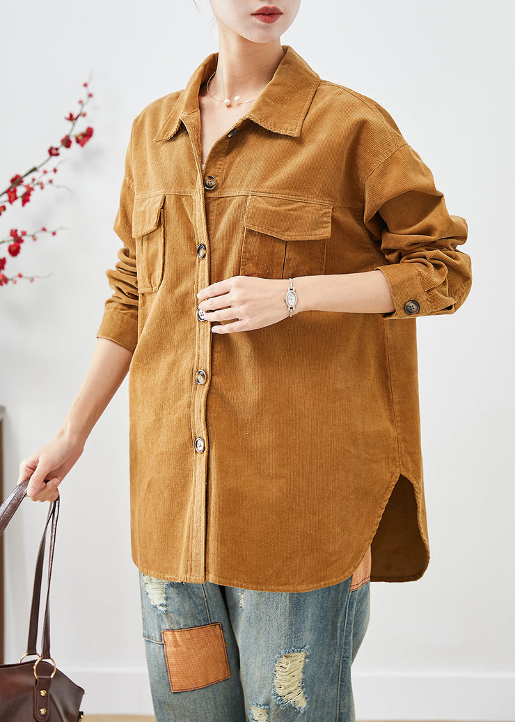 Women Yellow Oversized Pockets Corduroy Coats Fall