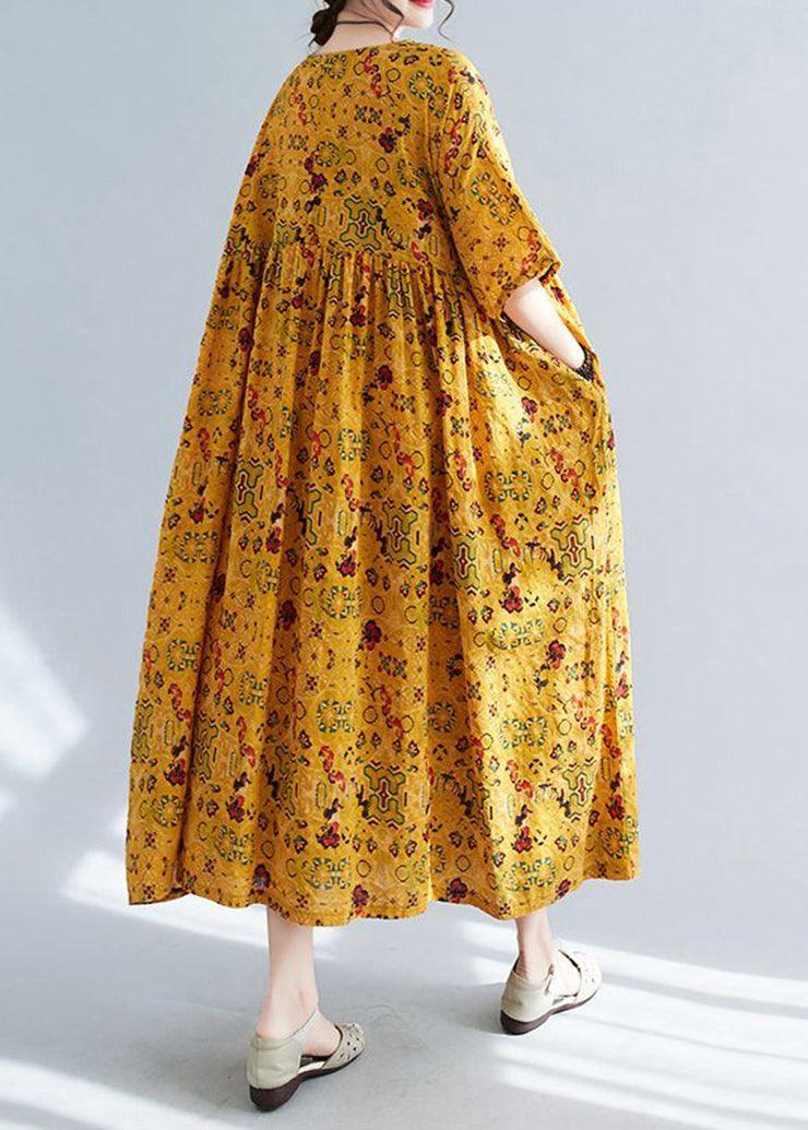 Women Yellow Oversized Print Linen Long Dress Summer