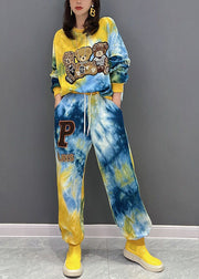 Women Yellow Oversized Tie Dye Bear Applique Cotton Two-Piece Set Fall