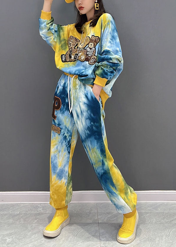 Women Yellow Oversized Tie Dye Bear Applique Cotton Two-Piece Set Fall