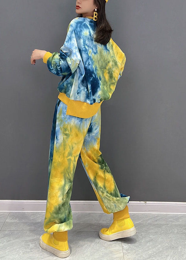 Women Yellow Oversized Tie Dye Bear Applique Cotton Two-Piece Set Fall