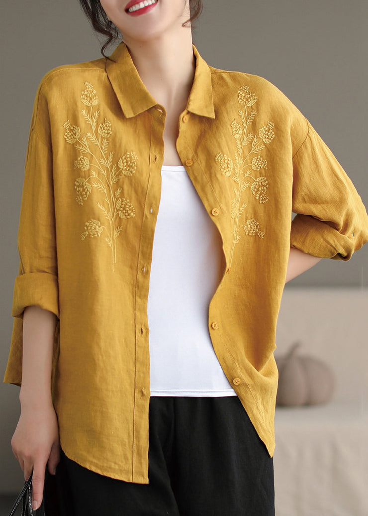 Women Yellow Peter Pan Collar Embroidered Button Cotton Blouse Spring