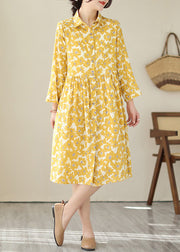 Women Yellow Peter Pan Collar Print Cotton Shirts Dresses Fall