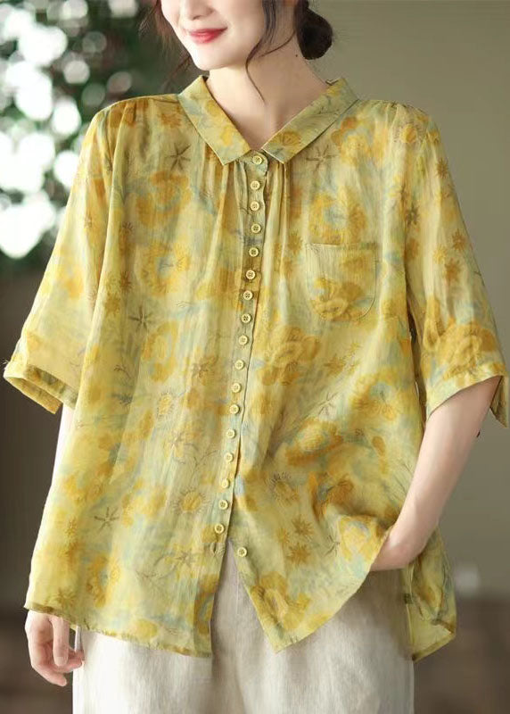 Women Yellow Peter Pan Collar Print Linen Shirt Tops Summer