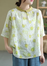 Women Yellow Peter Pan Collar Print Patchwork Linen Top Summer