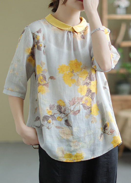 Women Yellow Peter Pan Collar Print Patchwork Linen Top Summer