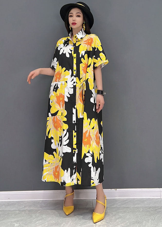 Women Yellow Peter Pan Collar Print Pockets Chiffon Maxi Dress Short Sleeve