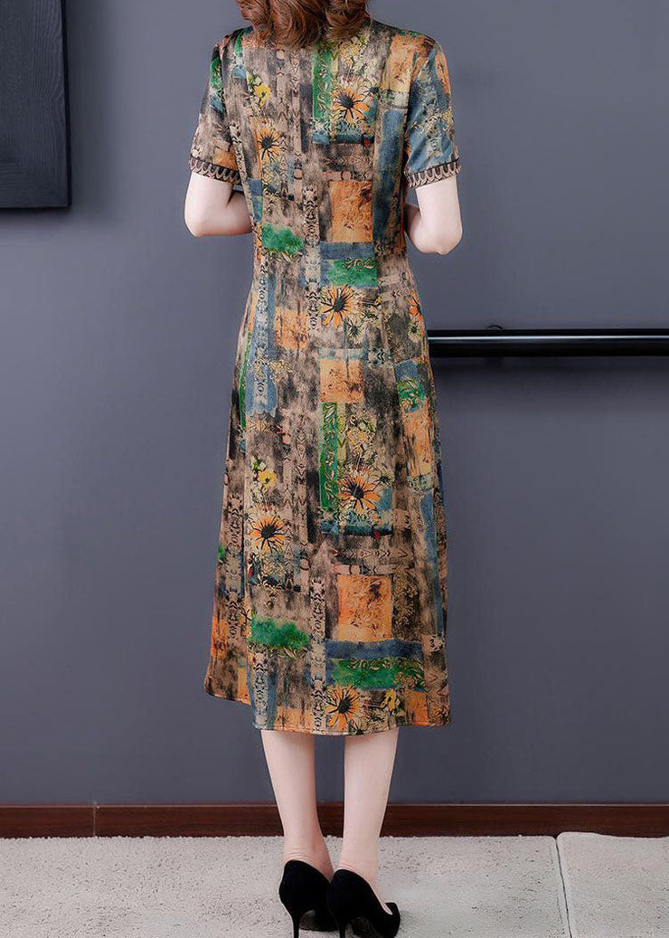 Women Yellow Peter Pan Collar Print Silk Dresses Summer