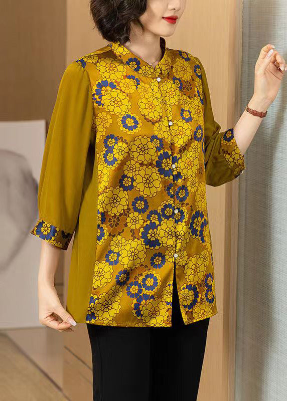 Women Yellow Print Button Patchwork Silk Shirt Bracelet Sleeve