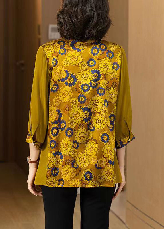 Women Yellow Print Button Patchwork Silk Shirt Bracelet Sleeve