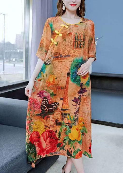 Women Yellow Print Chinese Button Patchwork Silk Dress Summer