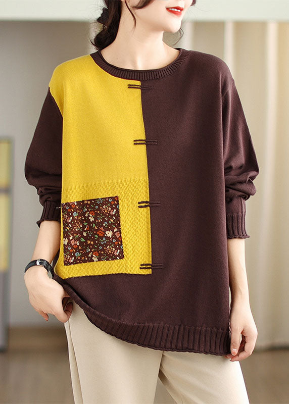 Women Yellow Print Patchwork Cotton Knit Sweaters Fall