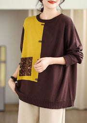 Women Yellow Print Patchwork Cotton Knit Sweaters Fall