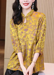 Women Yellow Ruffled Jacquard Silk Blouses Bracelet Sleeve