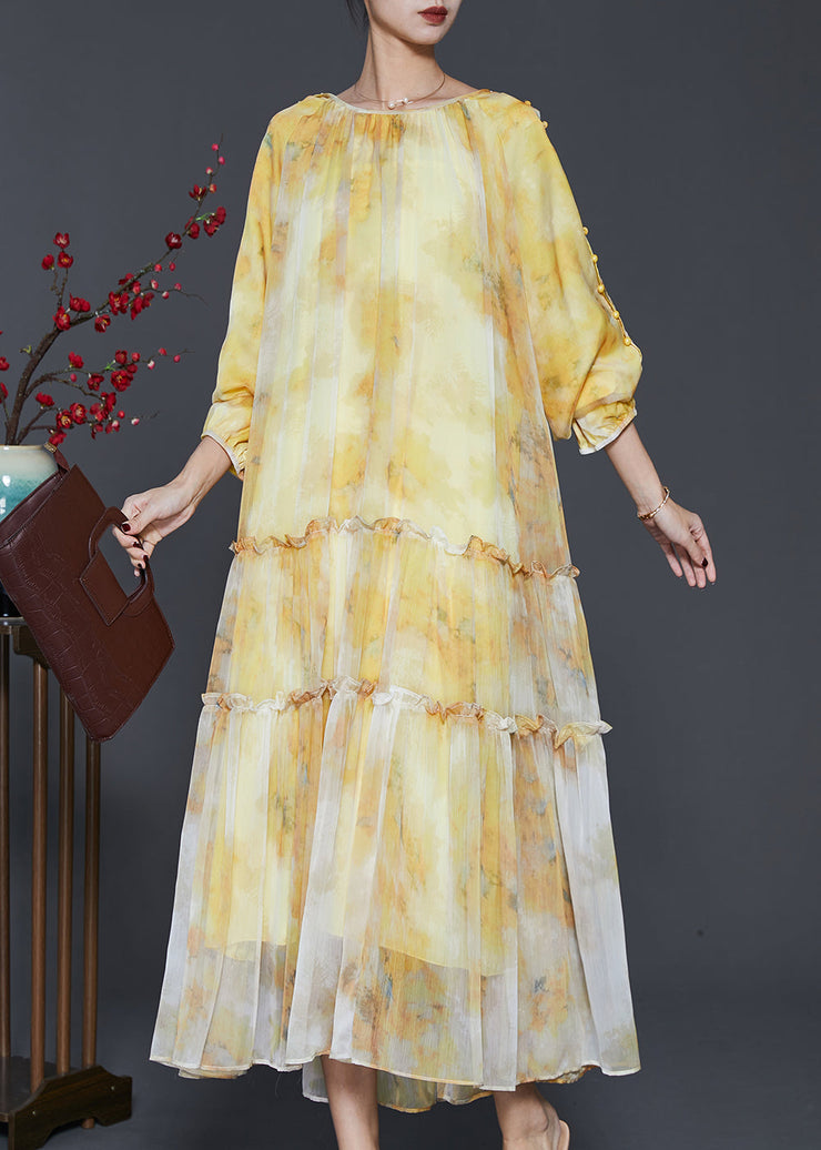 Women Yellow Ruffled Tie Dye Chiffon Maxi Dress Spring