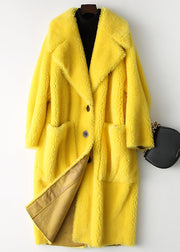 Women Yellow Sailor Collar Pockets Loose Wool Coats Long Sleeve