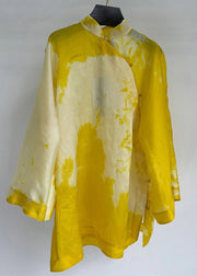 Women Yellow Stand Collar Button Cotton Shirt Long Sleeve