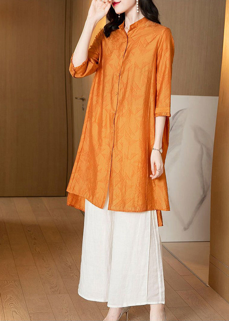 Women Yellow Stand Collar Oversized Silk Two Pieces Set Summer