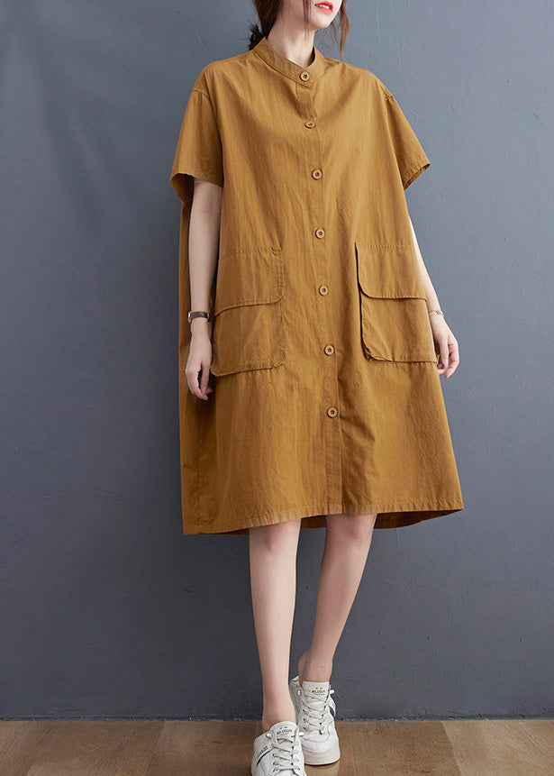 Women Yellow Stand Collar Patchwork Button Cotton Long Shirts Dress Short Sleeve