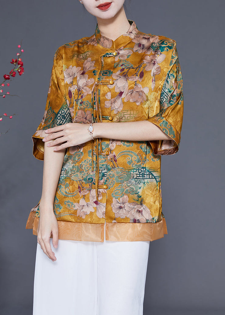 Women Yellow Stand Collar Patchwork Tassel Silk Blouses Half Sleeve