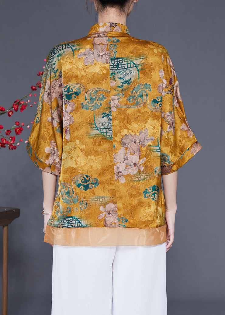 Women Yellow Stand Collar Patchwork Tassel Silk Blouses Half Sleeve